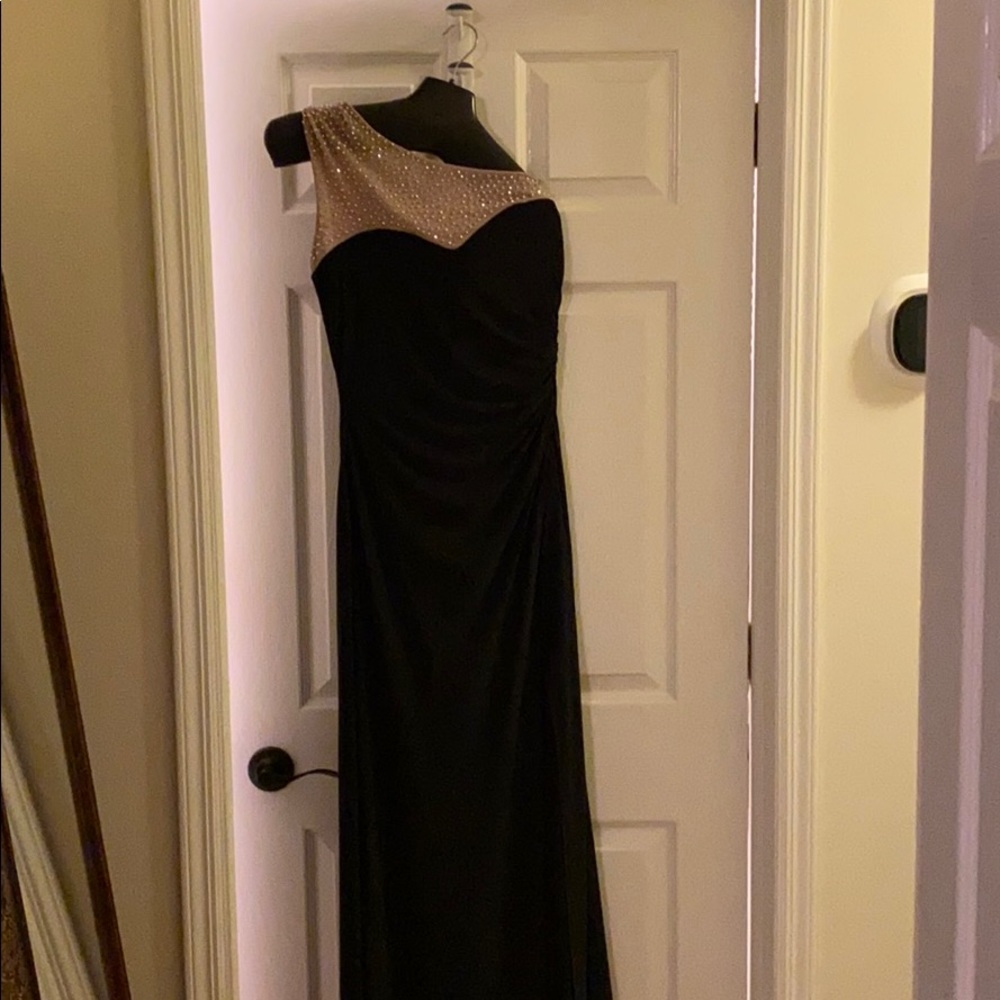 Black one shoulder Gown slit up the left leg knee